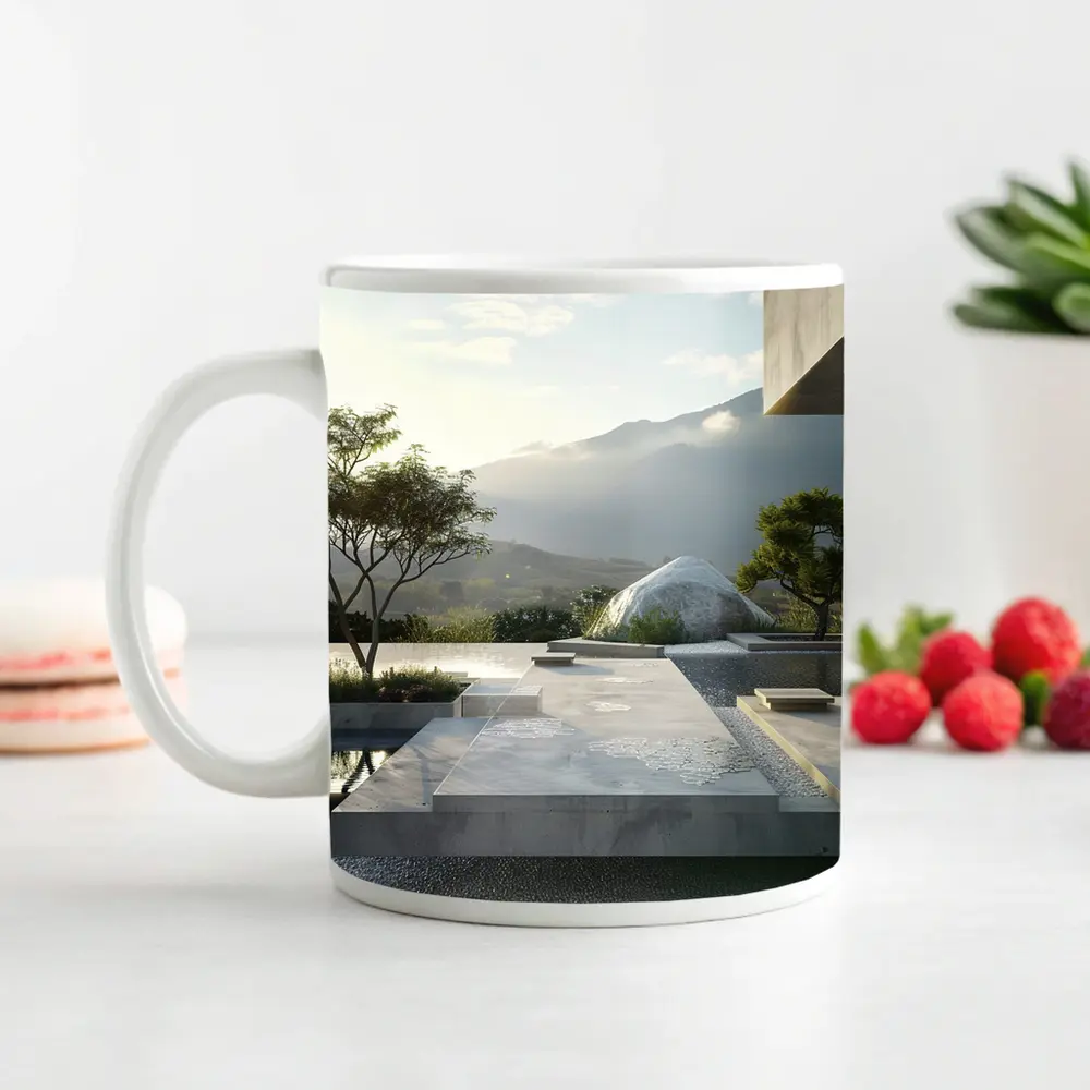 Minimalist Concrete Garden Architecture Mountain Backdrop – Mugs