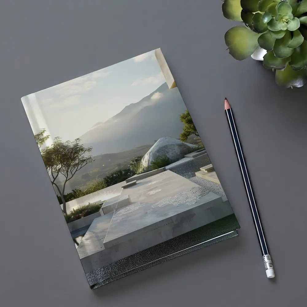Minimalist Concrete Garden Architecture Mountain Backdrop – Notebooks