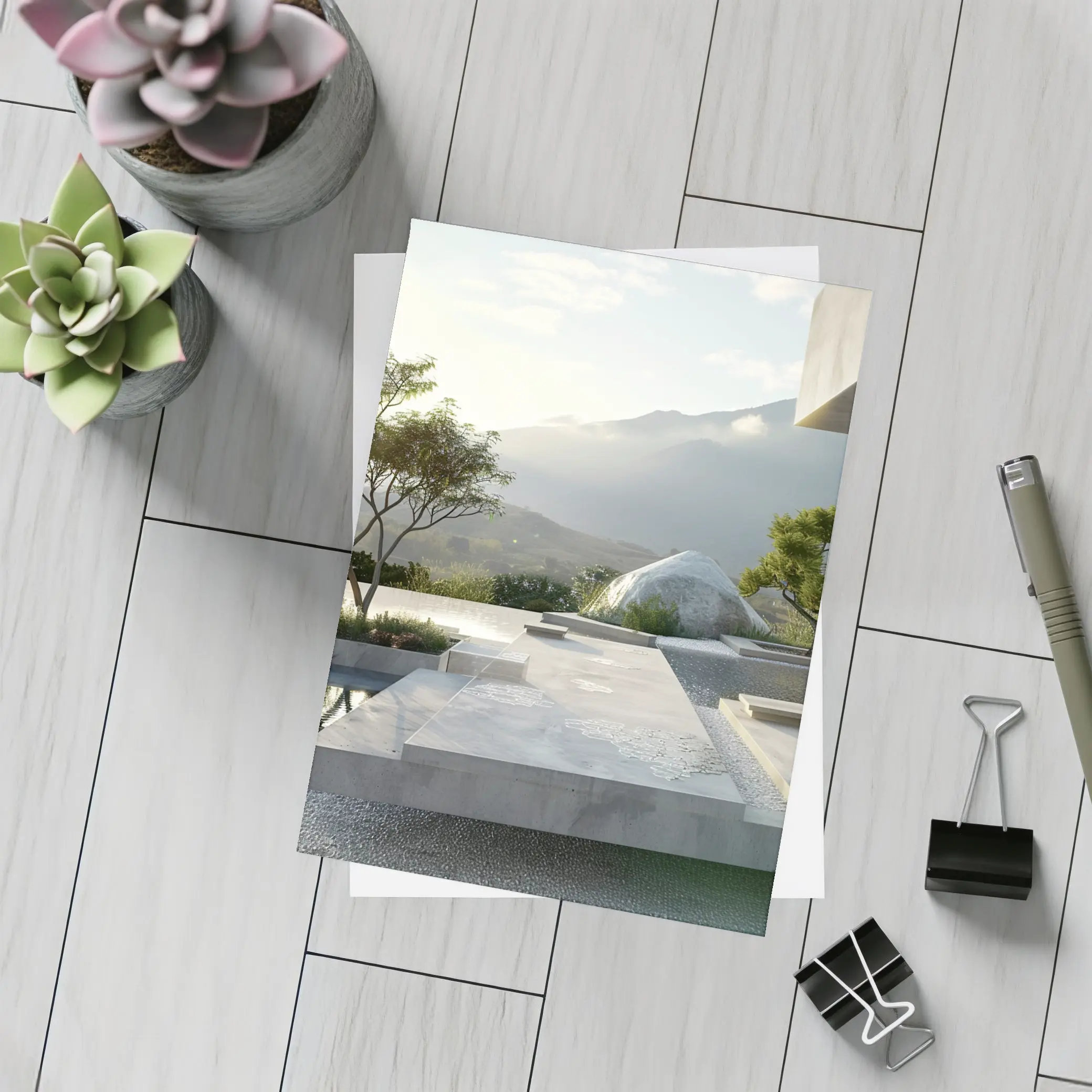 Minimalist Concrete Garden Architecture Mountain Backdrop – Postcards