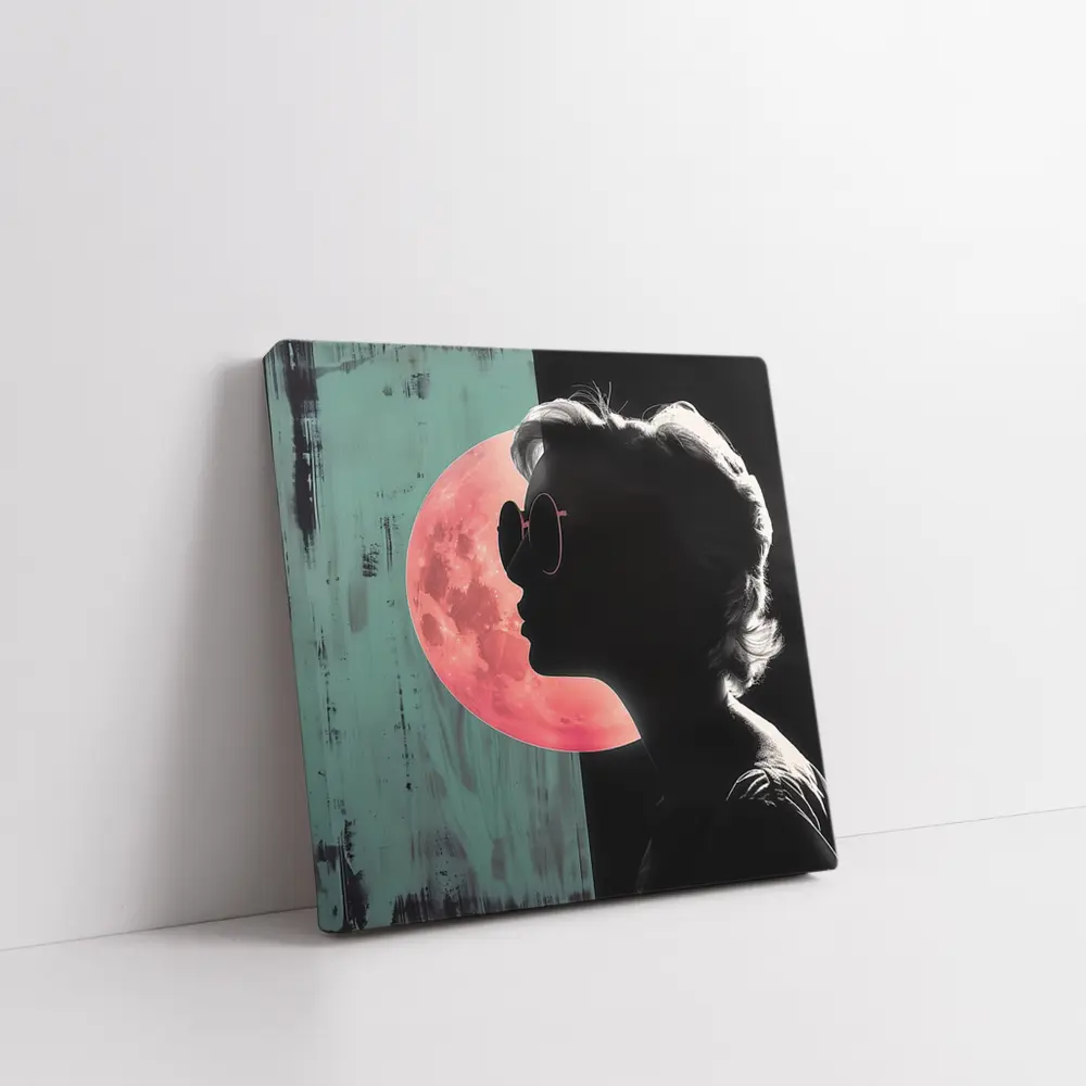 Woman Silhouette Pink Moon Teal Pop Art – Wall Art