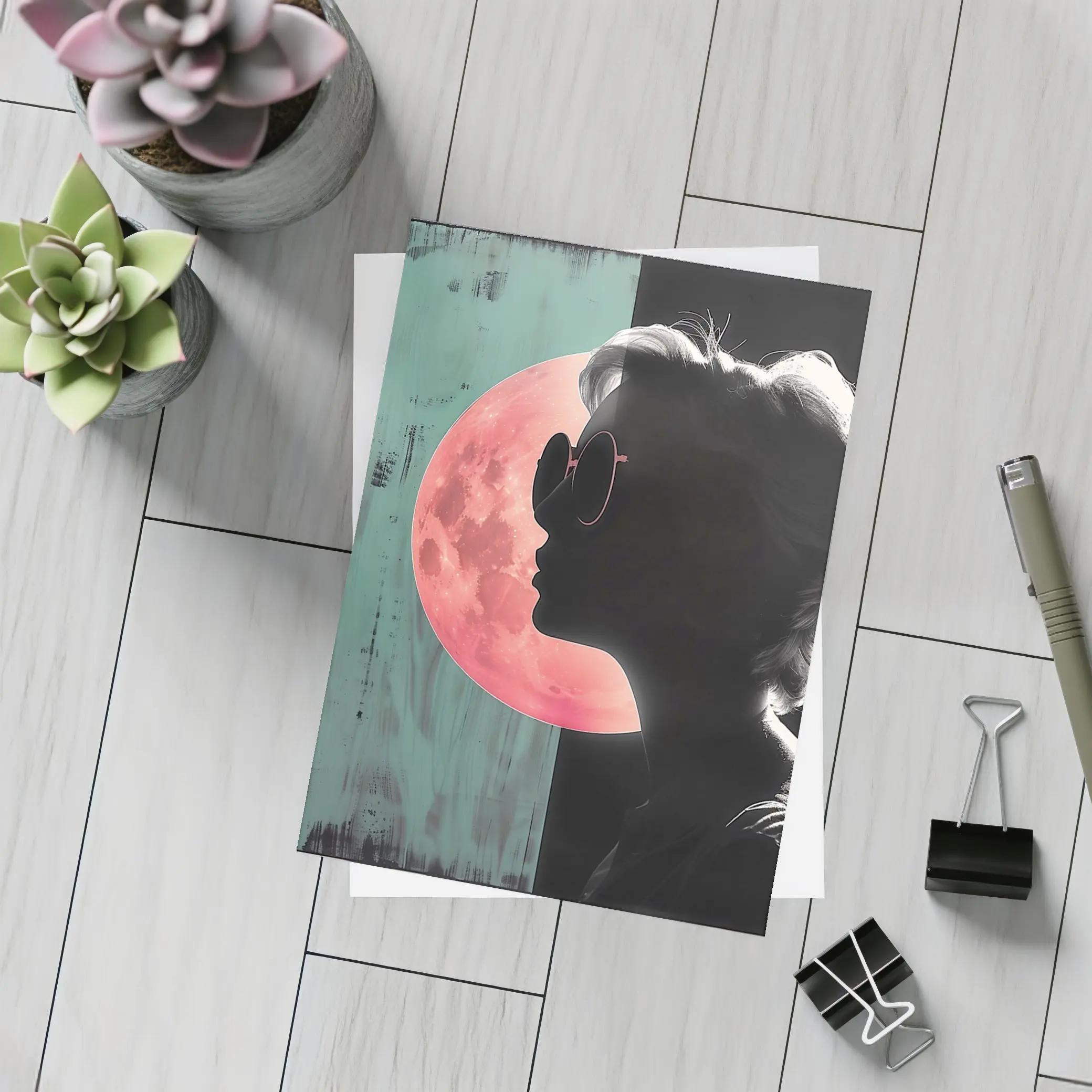 Woman Silhouette Pink Moon Teal Pop Art – Postcards