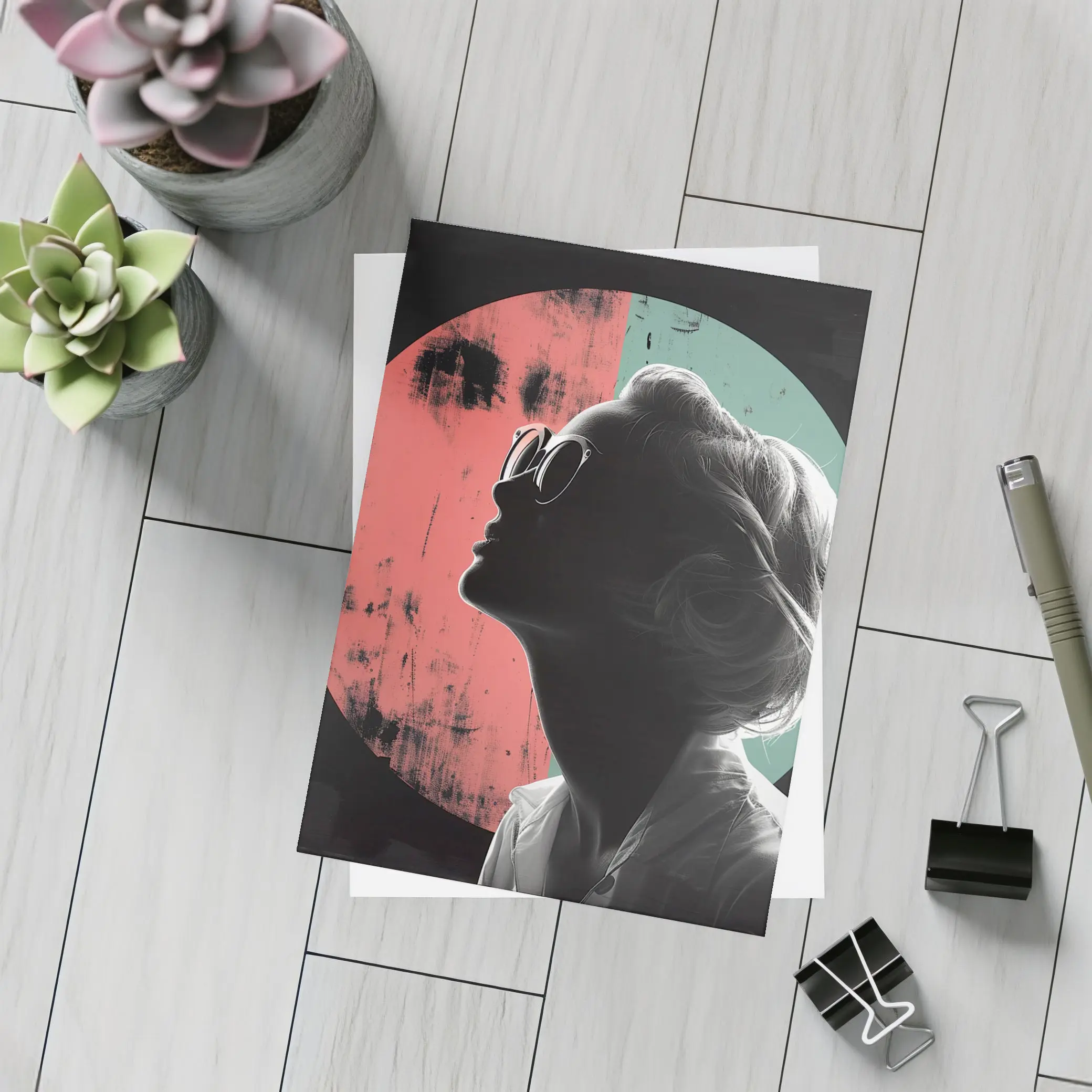 Woman Silhouette Pop Art Circle Background – Postcards