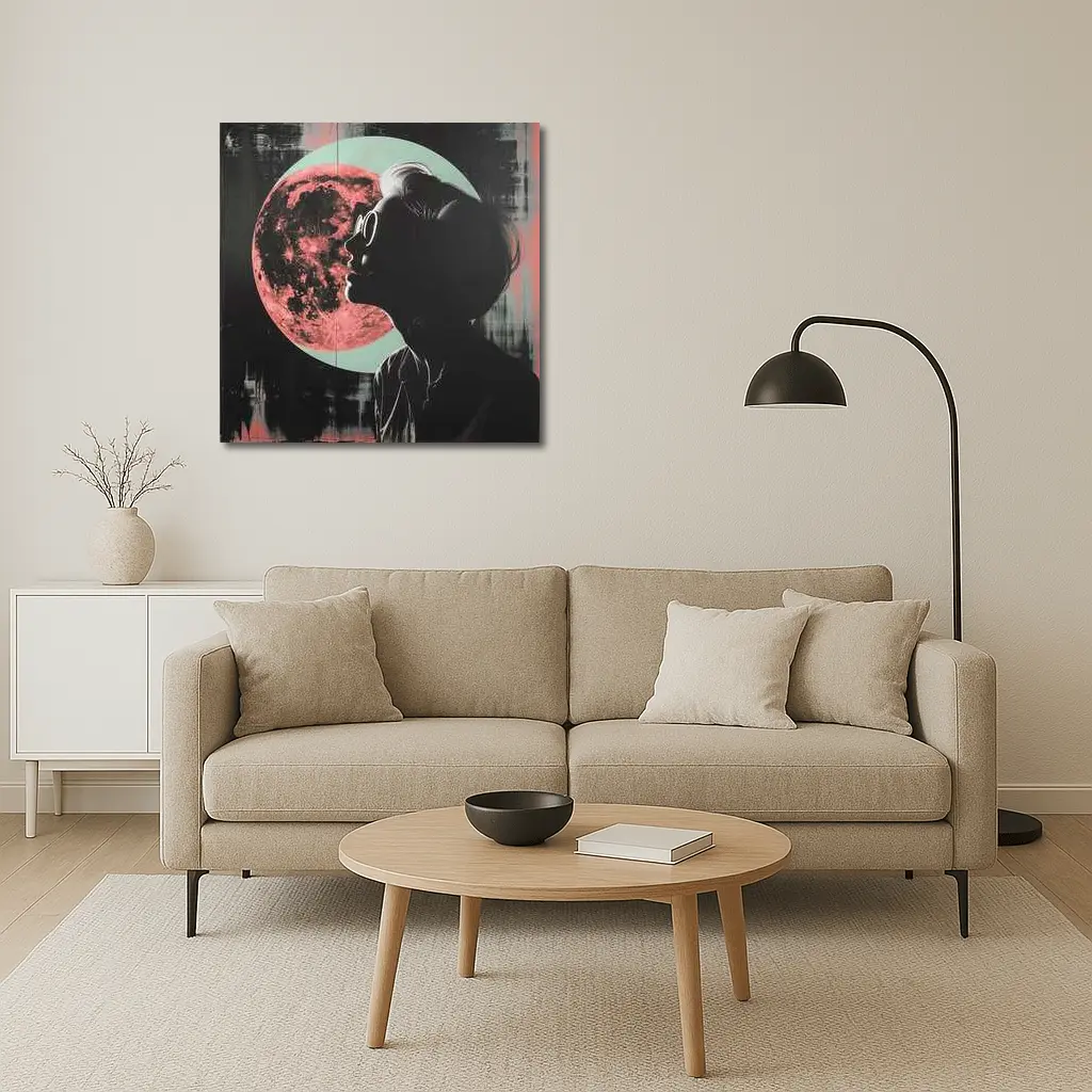 Woman Silhouette Pink Moon Dark Background – Wall Art