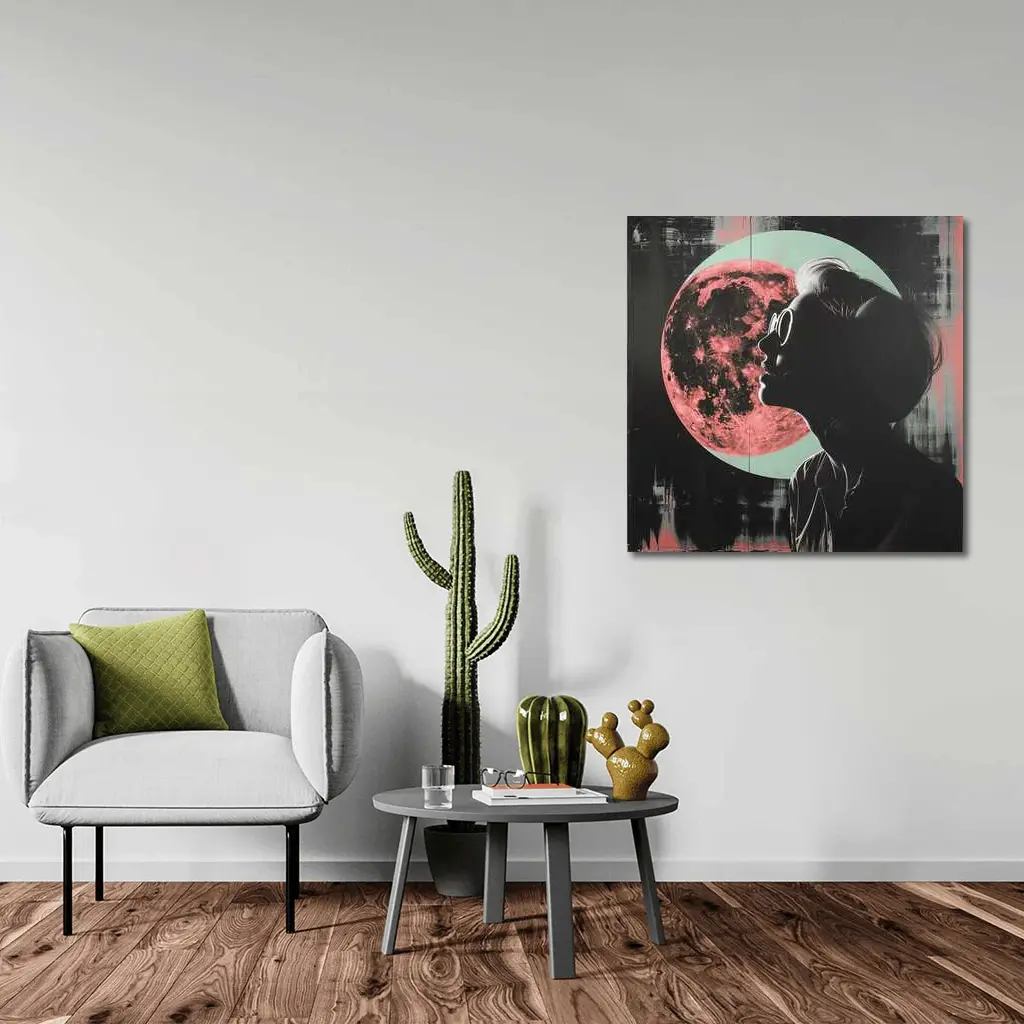Woman Silhouette Pink Moon Dark Background – Wall Art