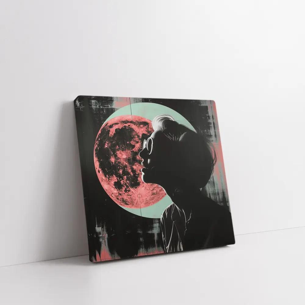 Woman Silhouette Pink Moon Dark Background – Wall Art