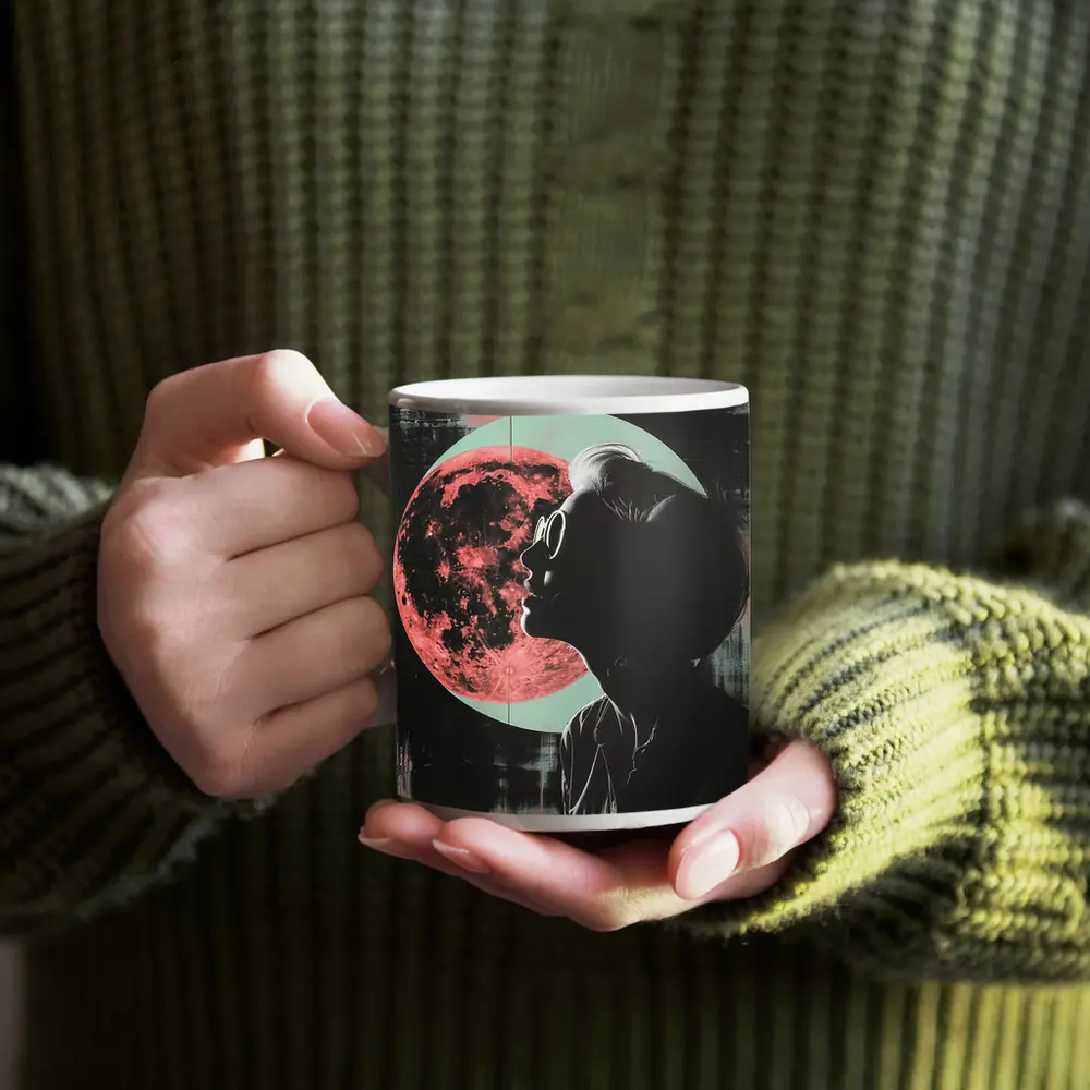 Woman Silhouette Pink Moon Dark Background – Mugs
