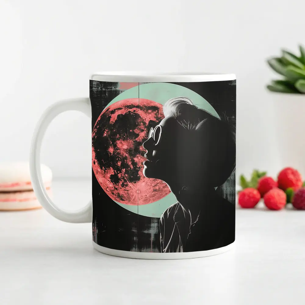 Woman Silhouette Pink Moon Dark Background – Mugs