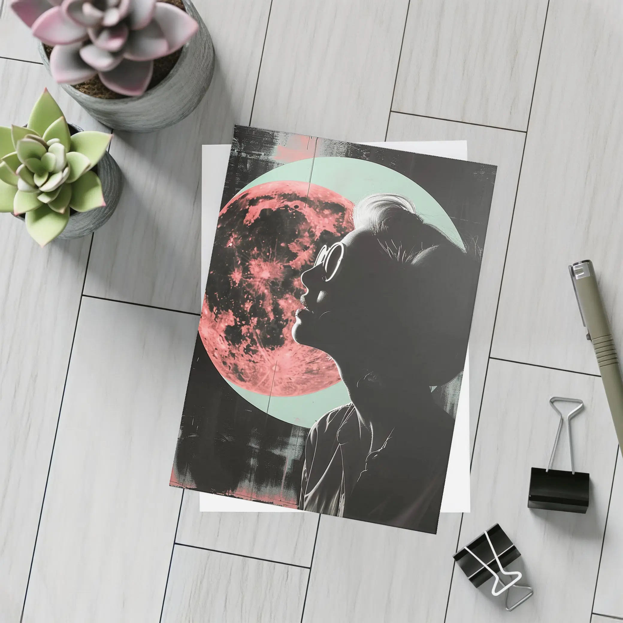 Woman Silhouette Pink Moon Dark Background – Postcards
