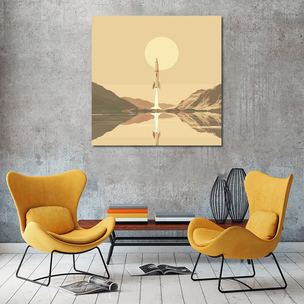 Retro Rocket Launch Over Calm Lake – Wall Art