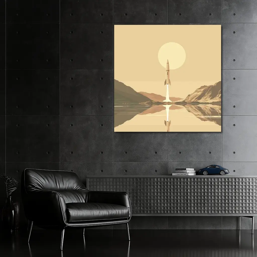 Retro Rocket Launch Over Calm Lake – Wall Art