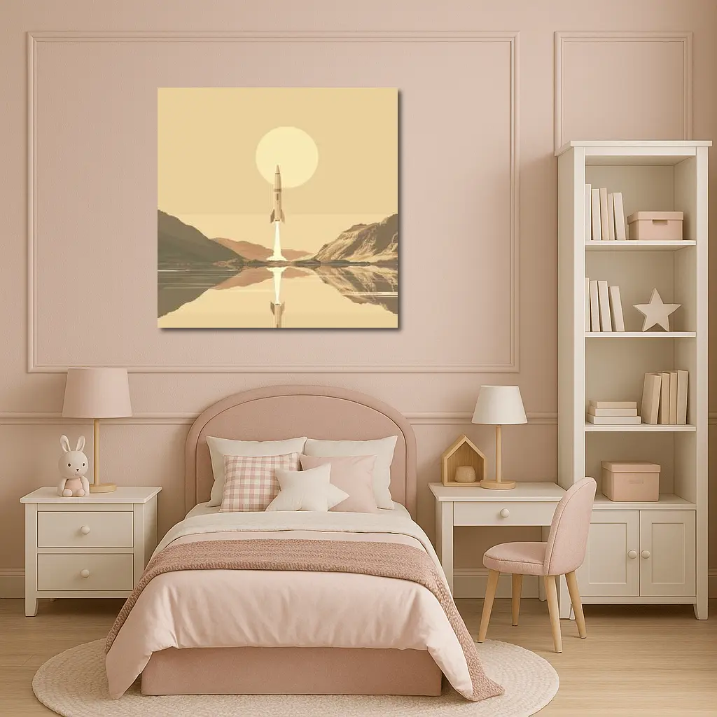 Retro Rocket Launch Over Calm Lake – Wall Art