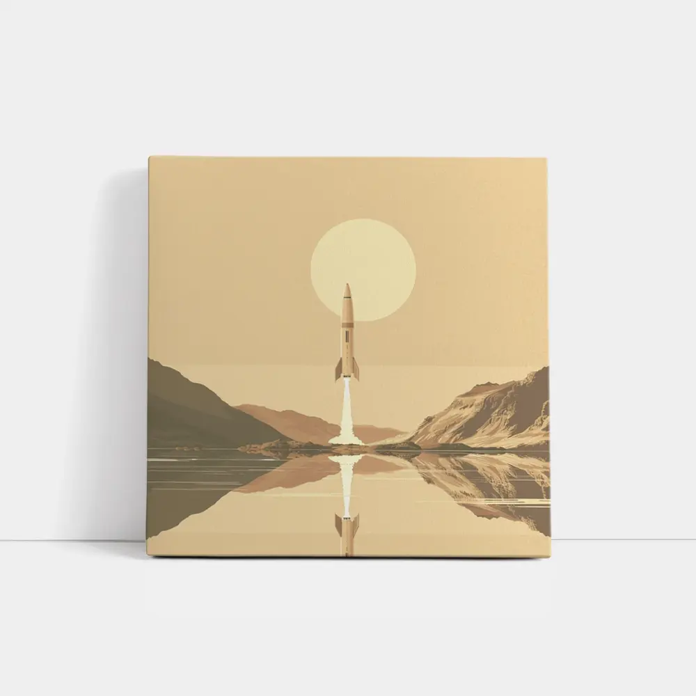 Retro Rocket Launch Over Calm Lake – Wall Art