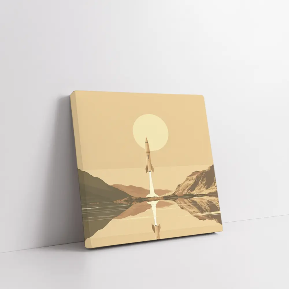 Retro Rocket Launch Over Calm Lake – Wall Art