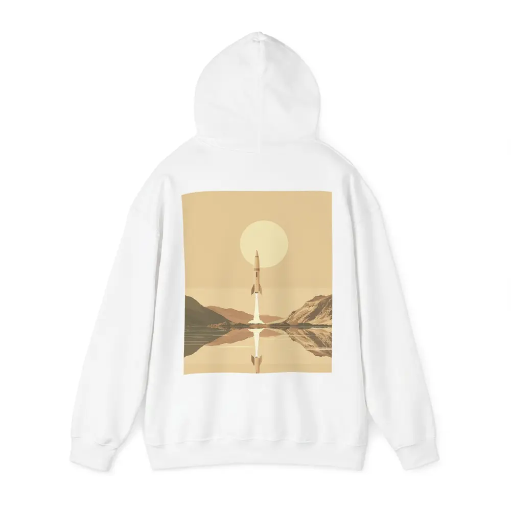 Retro Rocket Launch Over Calm Lake – Hoodies