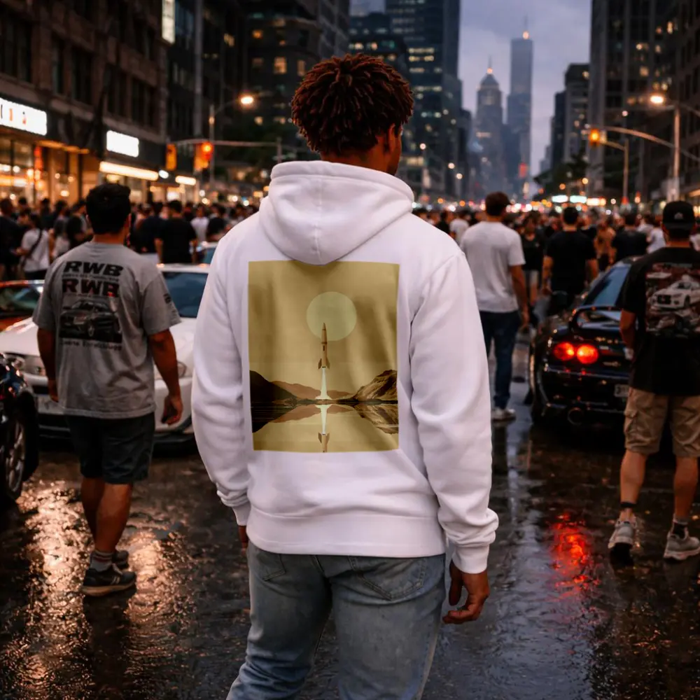 Retro Rocket Launch Over Calm Lake – Hoodies