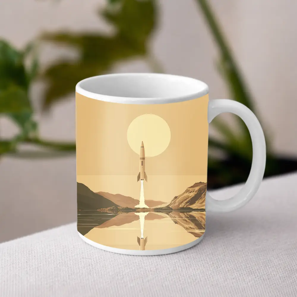 Retro Rocket Launch Over Calm Lake – Mugs
