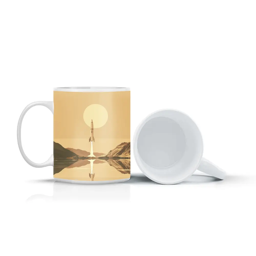 Retro Rocket Launch Over Calm Lake – Mugs