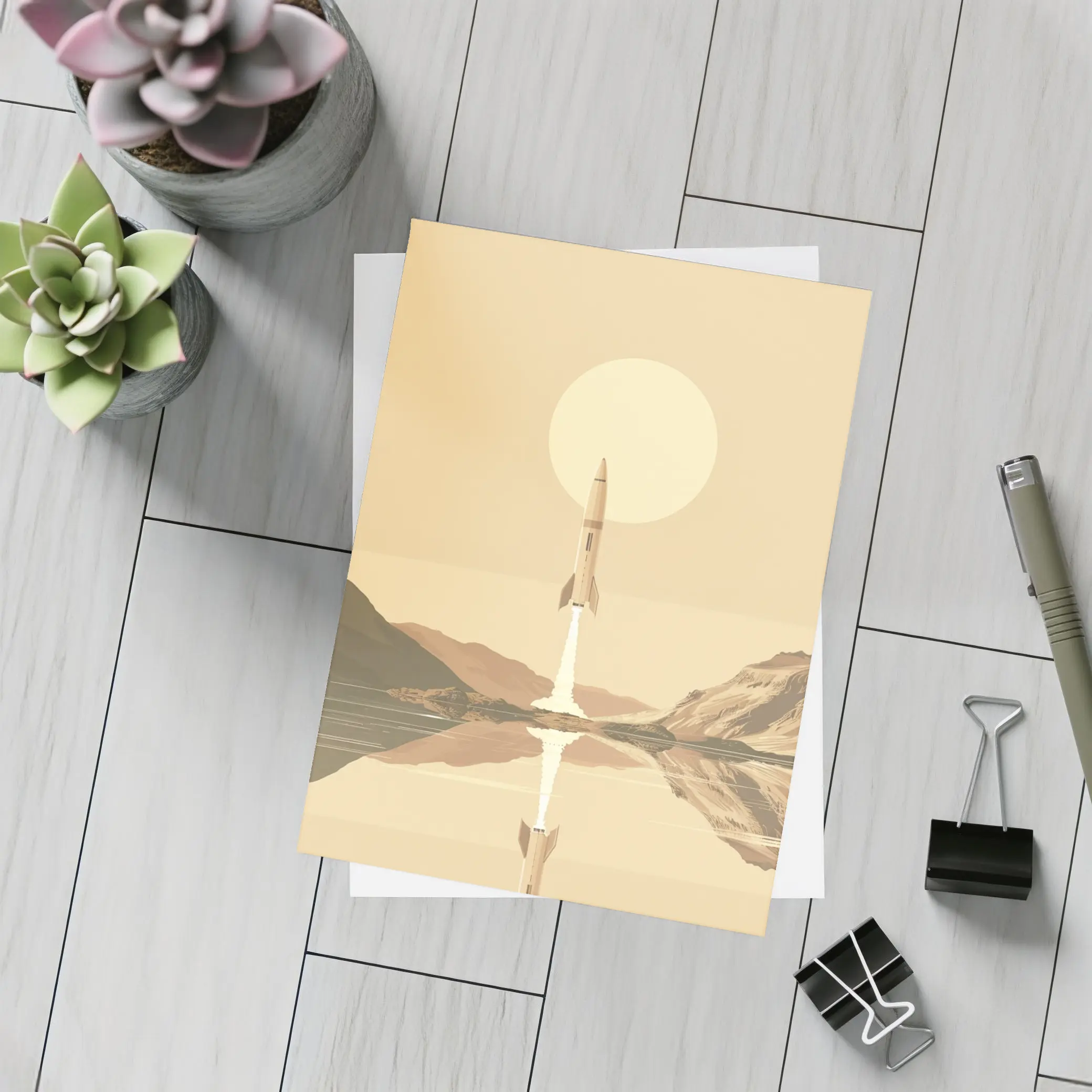 Retro Rocket Launch Over Calm Lake – Postcards