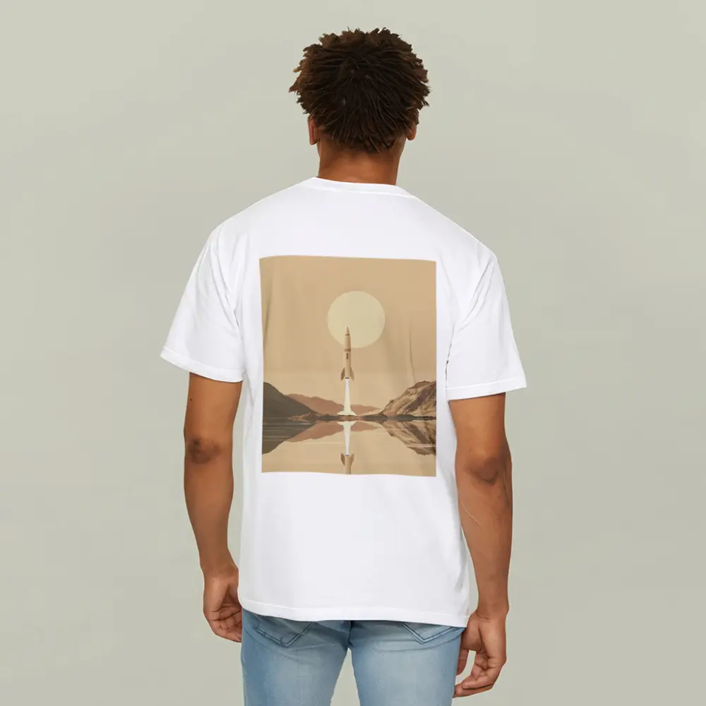 Retro Rocket Launch Over Calm Lake – T-Shirts