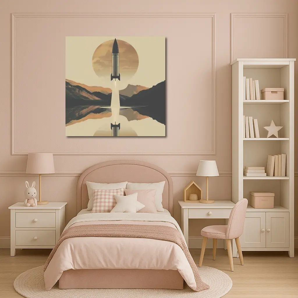 Retro Rocket Launch Mountain Lake Reflection – Wall Art