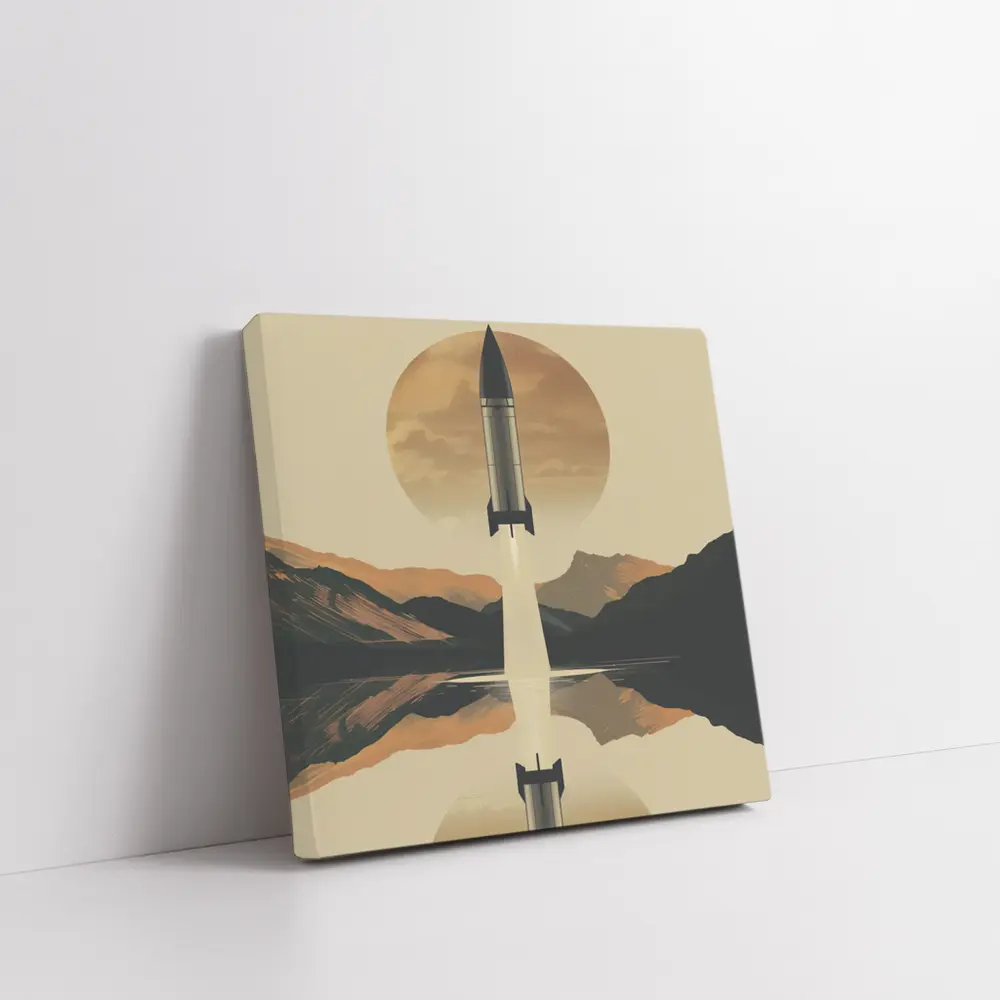 Retro Rocket Launch Mountain Lake Reflection – Wall Art