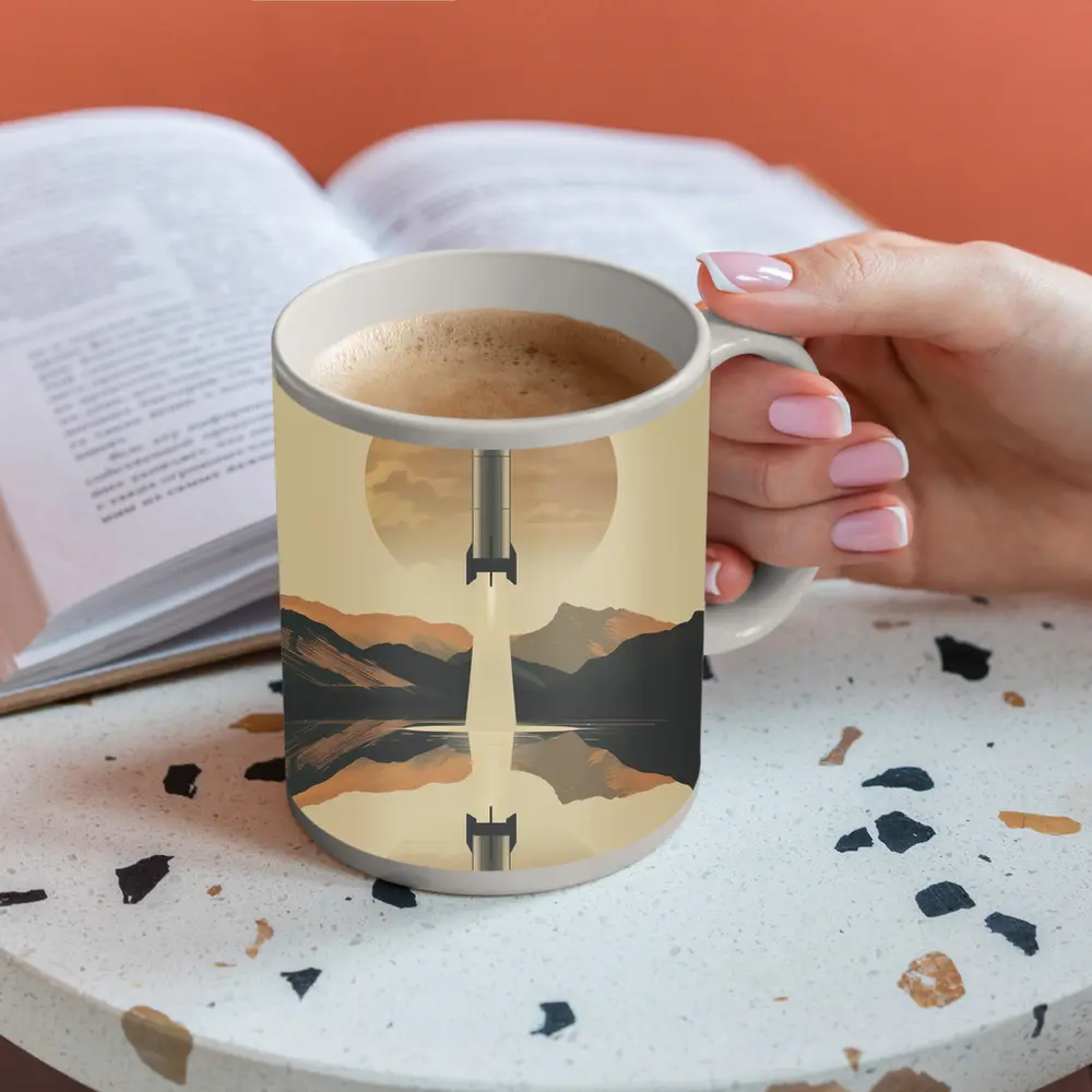 Retro Rocket Launch Mountain Lake Reflection – Mugs