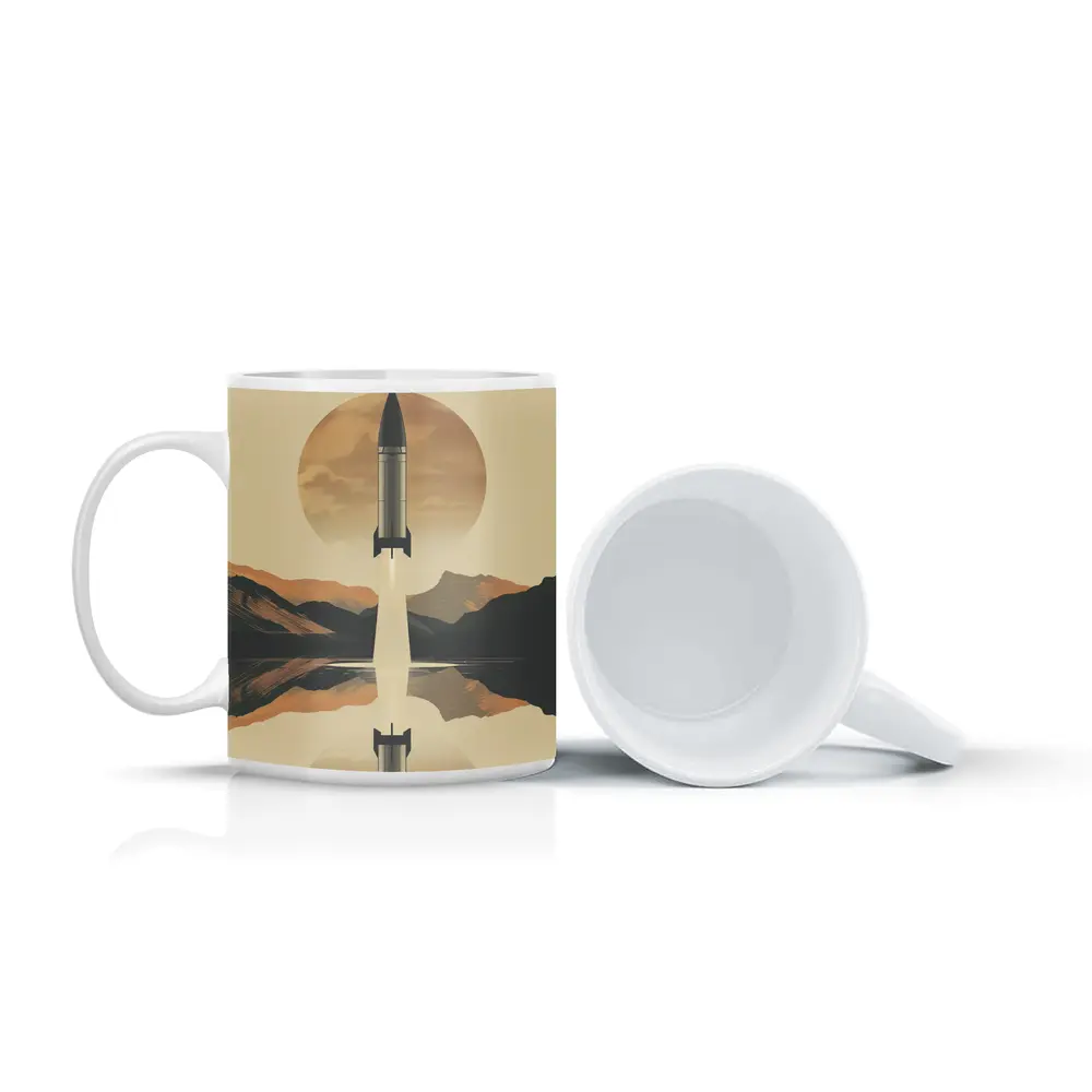 Retro Rocket Launch Mountain Lake Reflection – Mugs