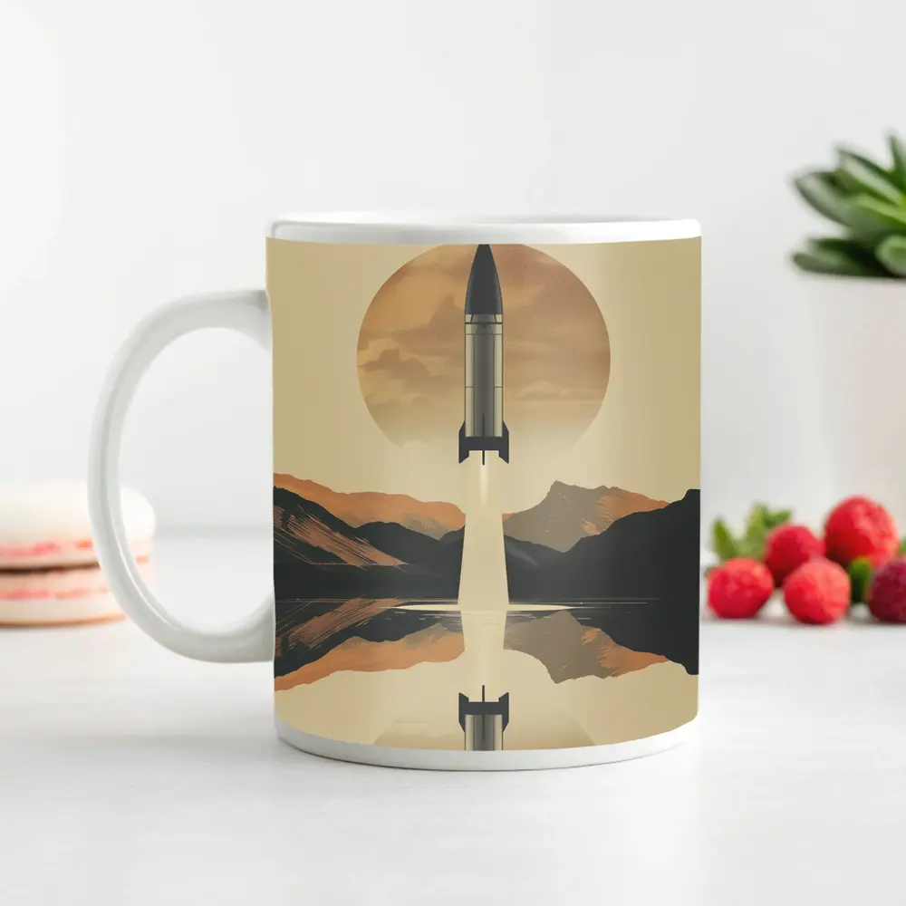 Retro Rocket Launch Mountain Lake Reflection – Mugs