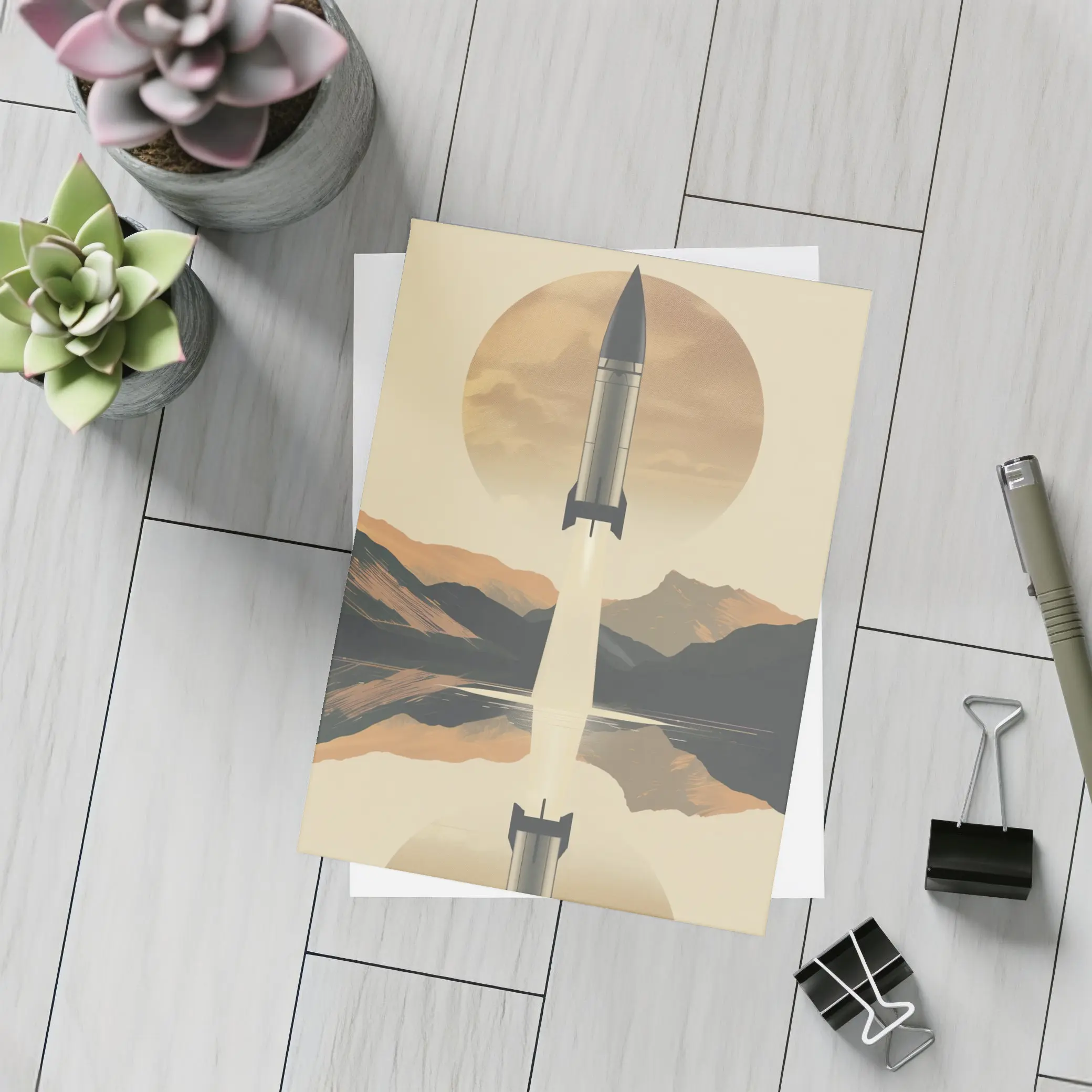 Retro Rocket Launch Mountain Lake Reflection – Postcards