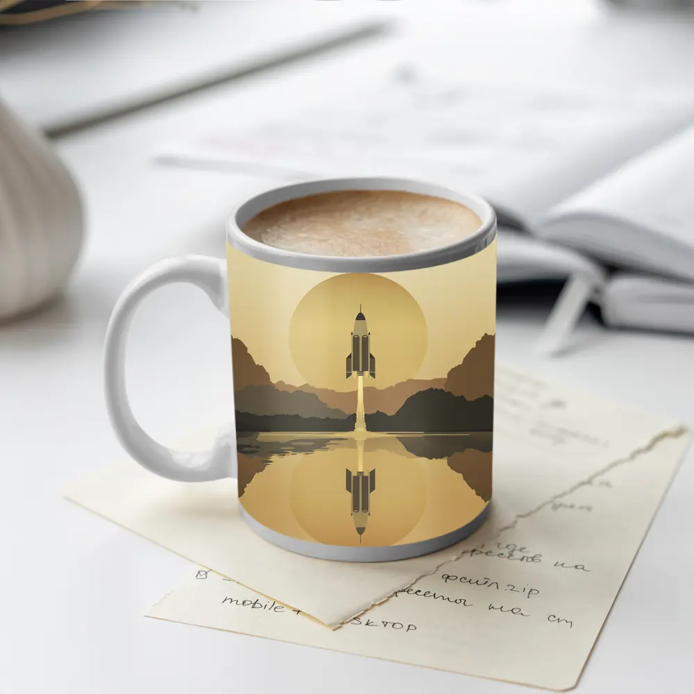 Rocket Launch Minimalist Mars Desert Landscape – Mugs