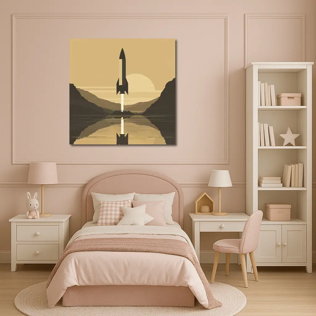 Retro Rocket Launch Mountain Lake Minimal Art – Wall Art