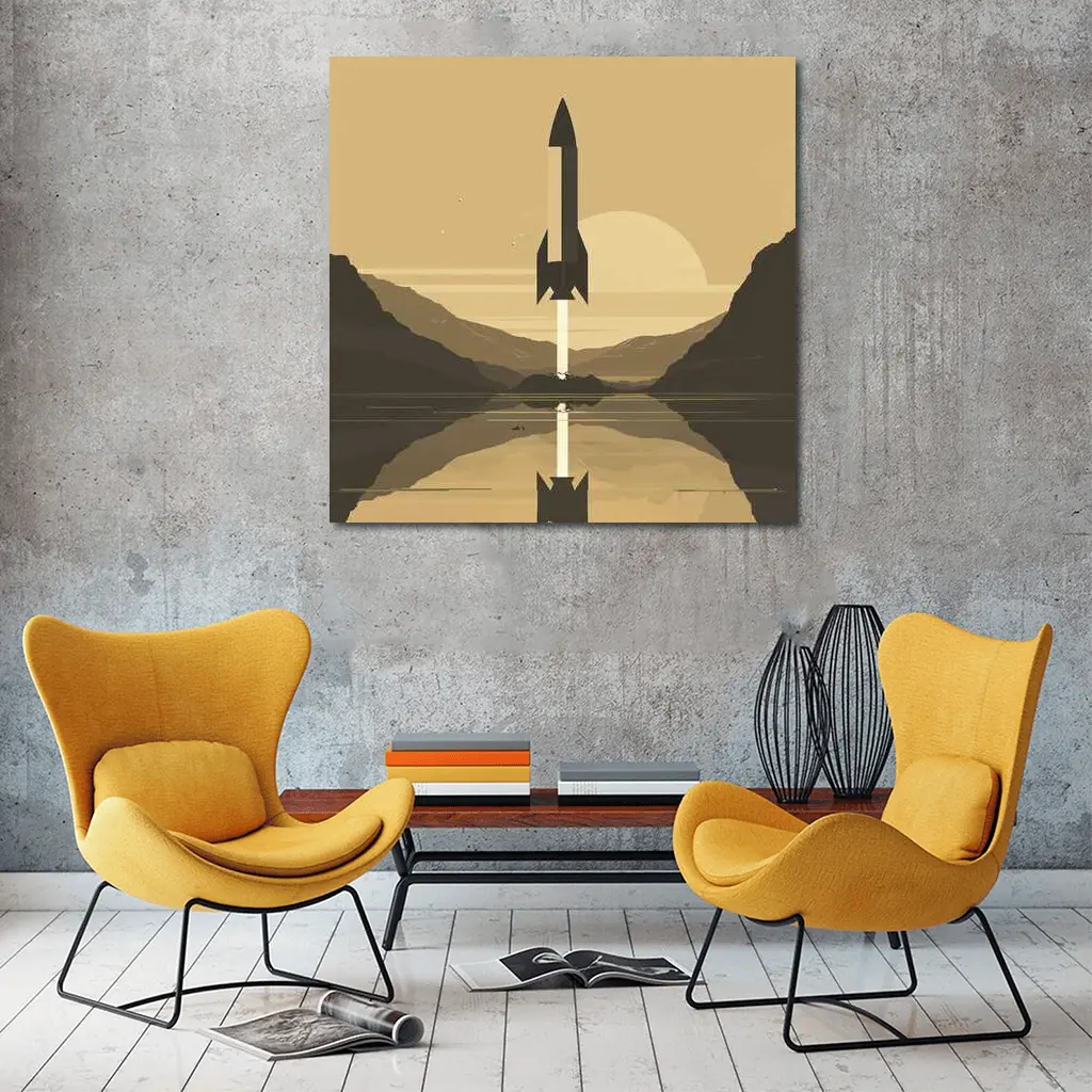 Retro Rocket Launch Mountain Lake Minimal Art – Wall Art