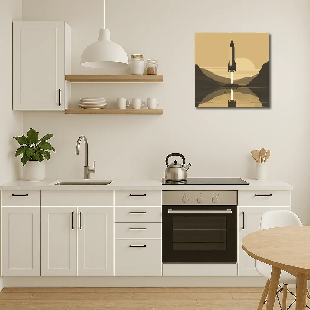 Retro Rocket Launch Mountain Lake Minimal Art – Wall Art