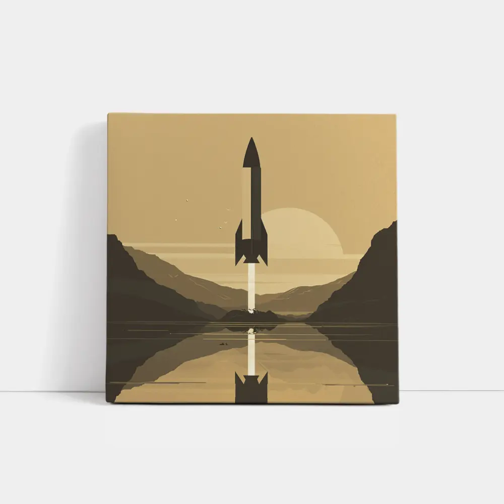 Retro Rocket Launch Mountain Lake Minimal Art – Wall Art
