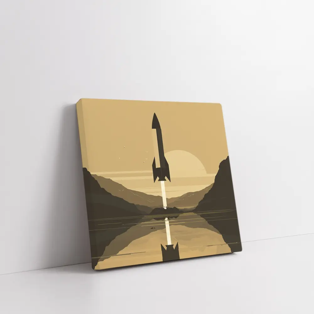 Retro Rocket Launch Mountain Lake Minimal Art – Wall Art
