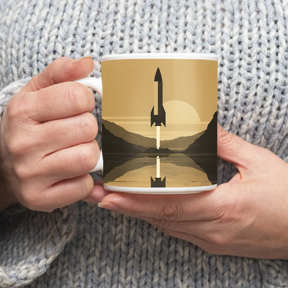 Retro Rocket Launch Mountain Lake Minimal Art – Mugs