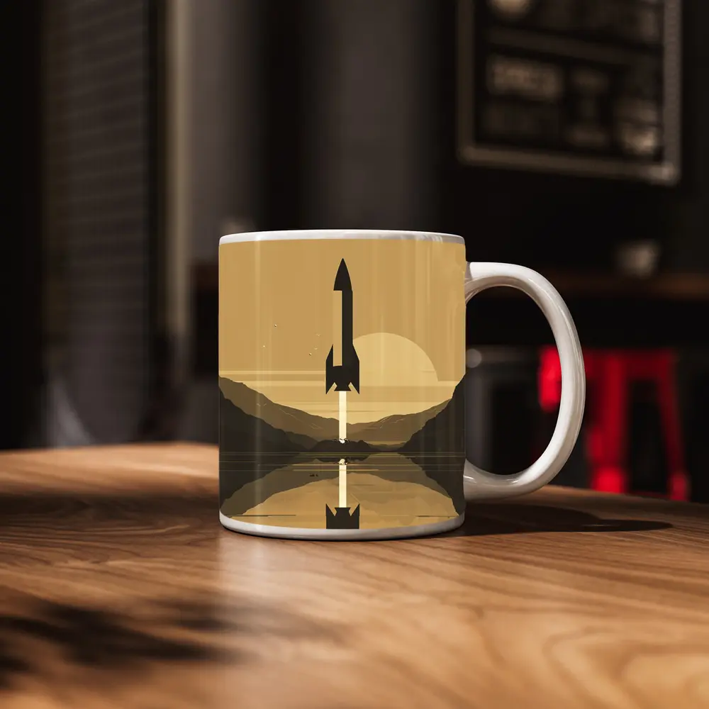 Retro Rocket Launch Mountain Lake Minimal Art – Mugs