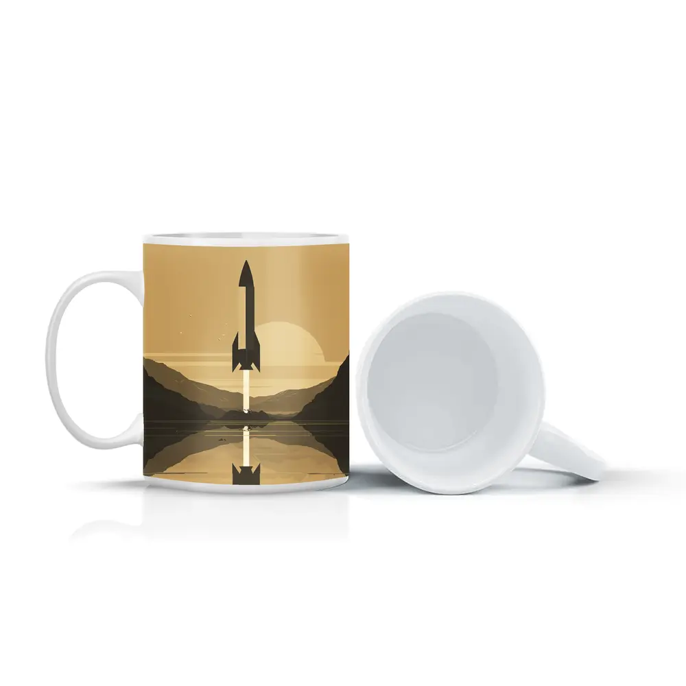 Retro Rocket Launch Mountain Lake Minimal Art – Mugs