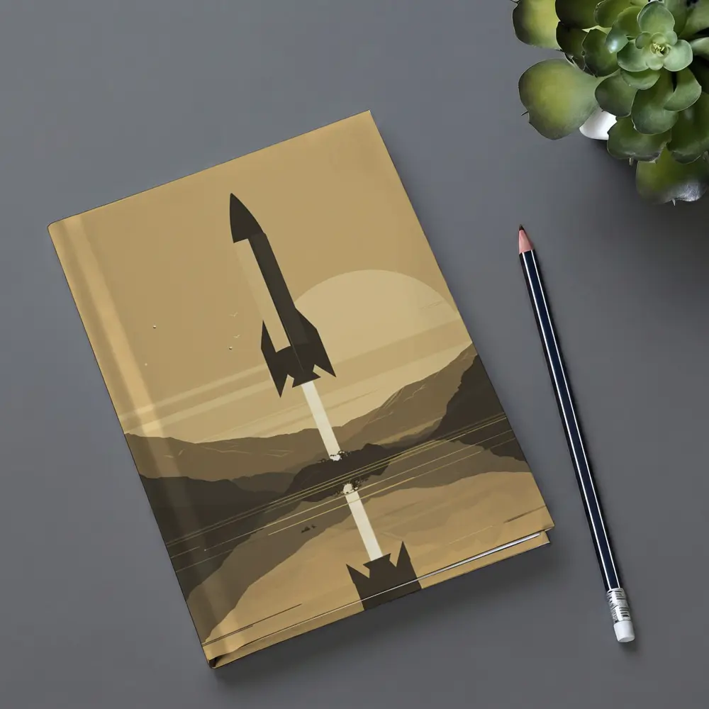 Retro Rocket Launch Mountain Lake Minimal Art – Notebooks