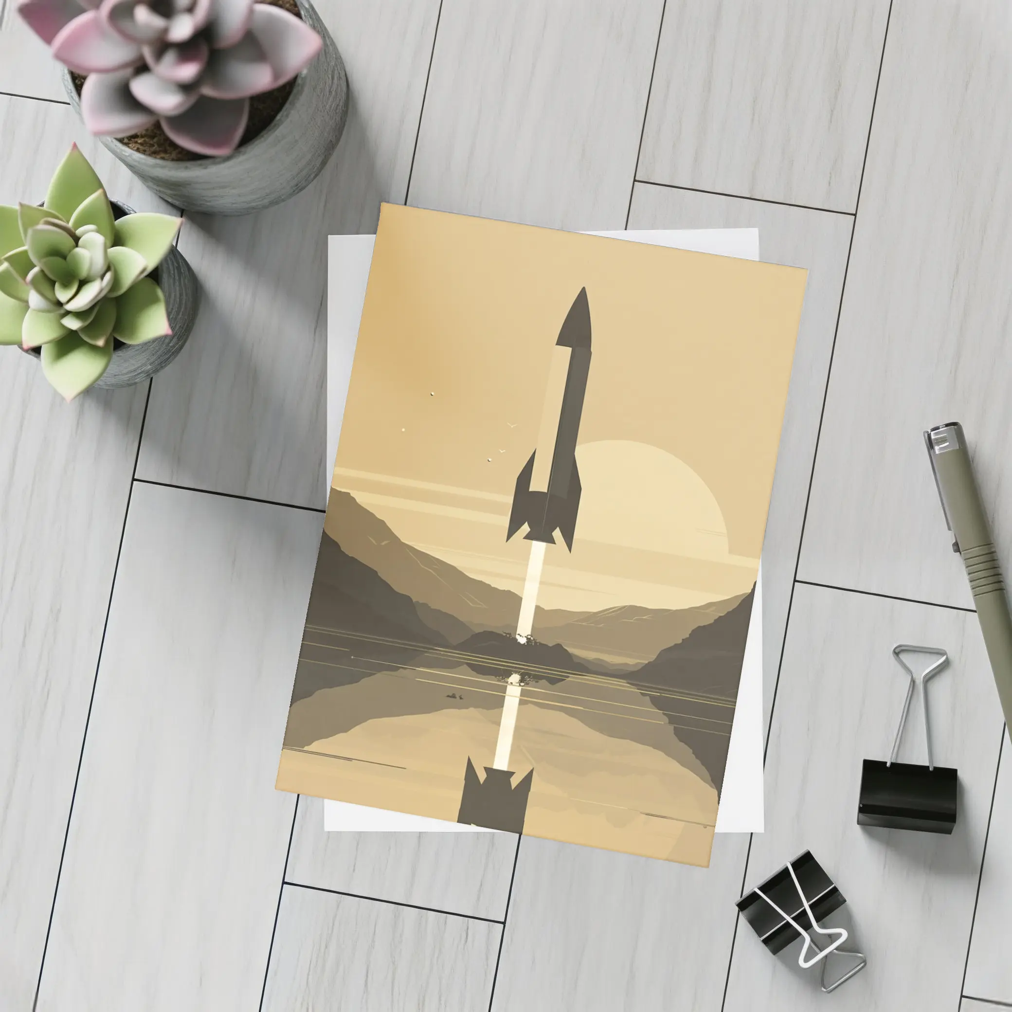 Retro Rocket Launch Mountain Lake Minimal Art – Postcards