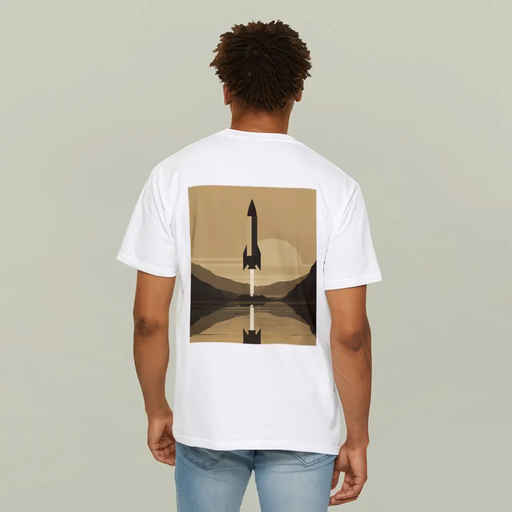 Retro Rocket Launch Mountain Lake Minimal Art – T-Shirts