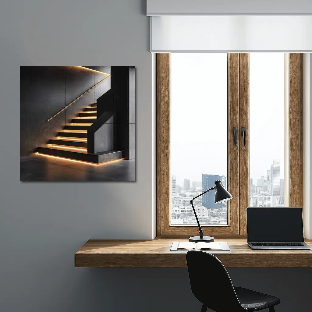 Modern Black Staircase With Gold LED Lighting – Wall Art