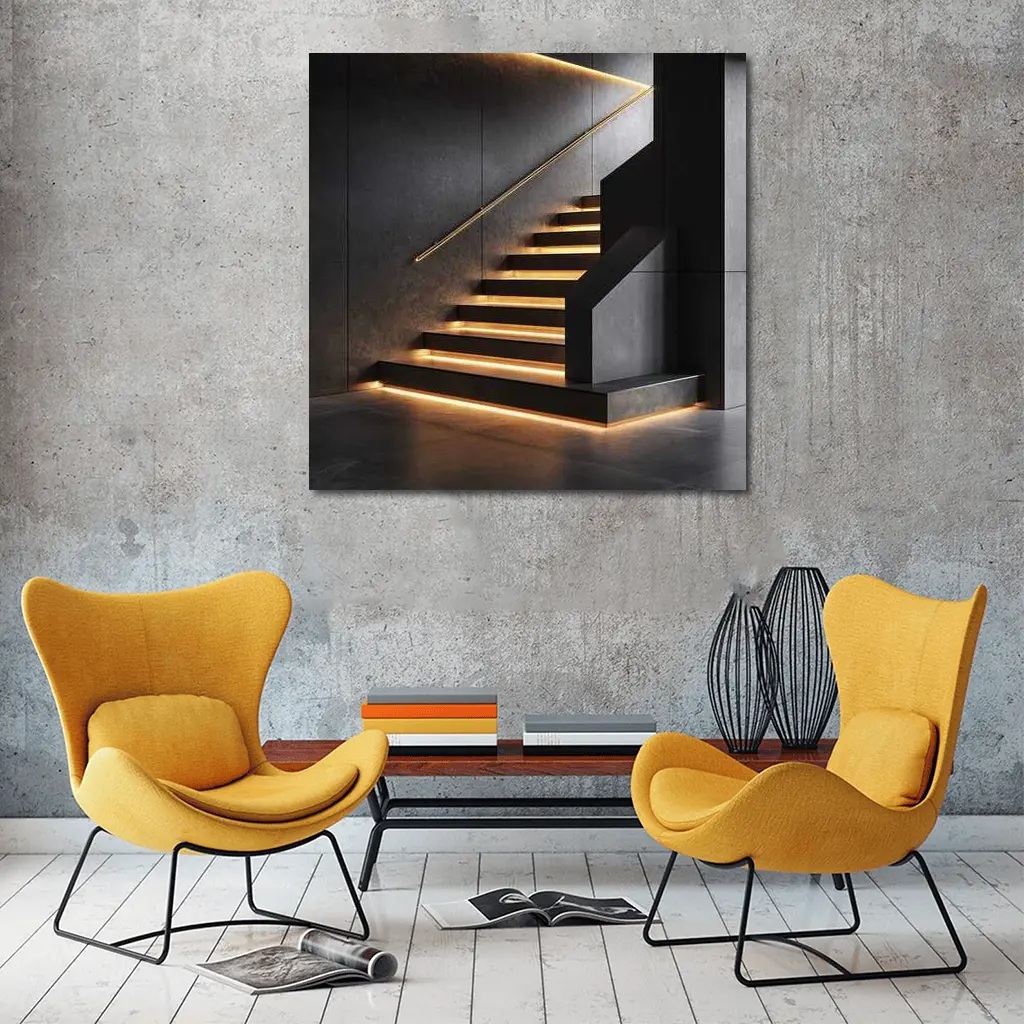 Modern Black Staircase With Gold LED Lighting – Wall Art
