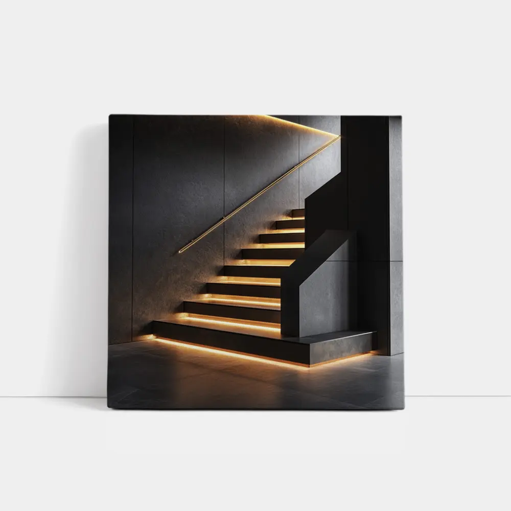 Modern Black Staircase With Gold LED Lighting – Wall Art