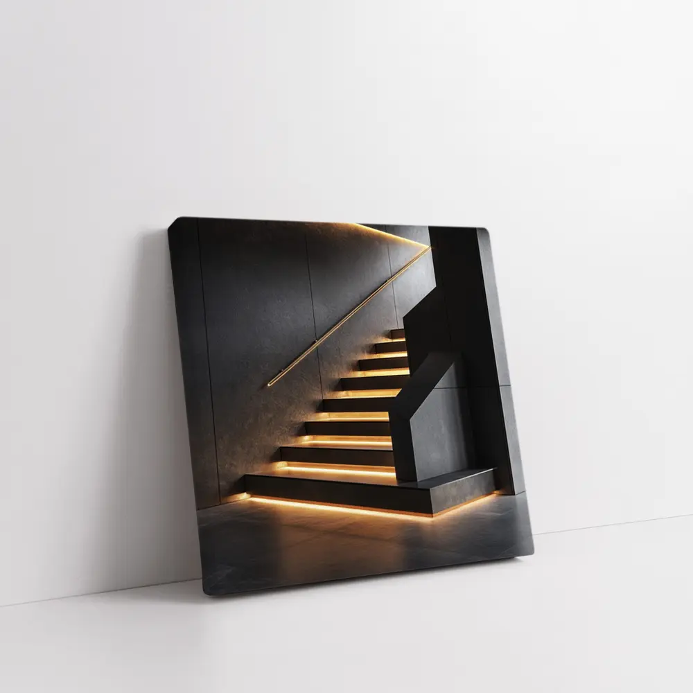 Modern Black Staircase With Gold LED Lighting – Wall Art