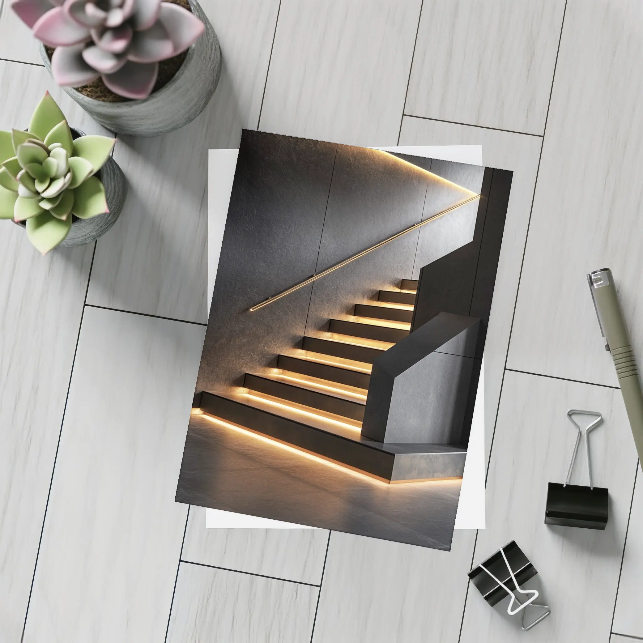 Modern Black Staircase With Gold LED Lighting – Postcards