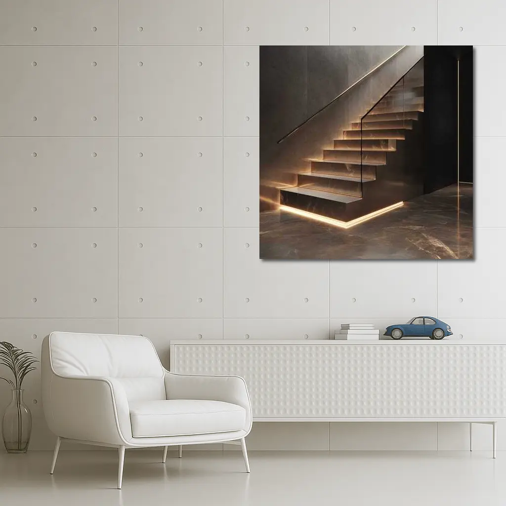 Marble Floating Staircase With LED Strip Lighting – Wall Art