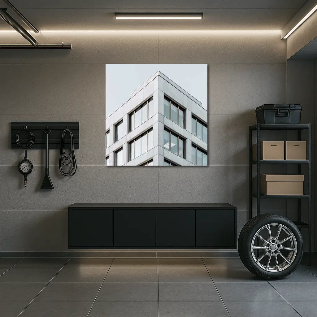 Modern Office Building Corner Gray Sky – Wall Art