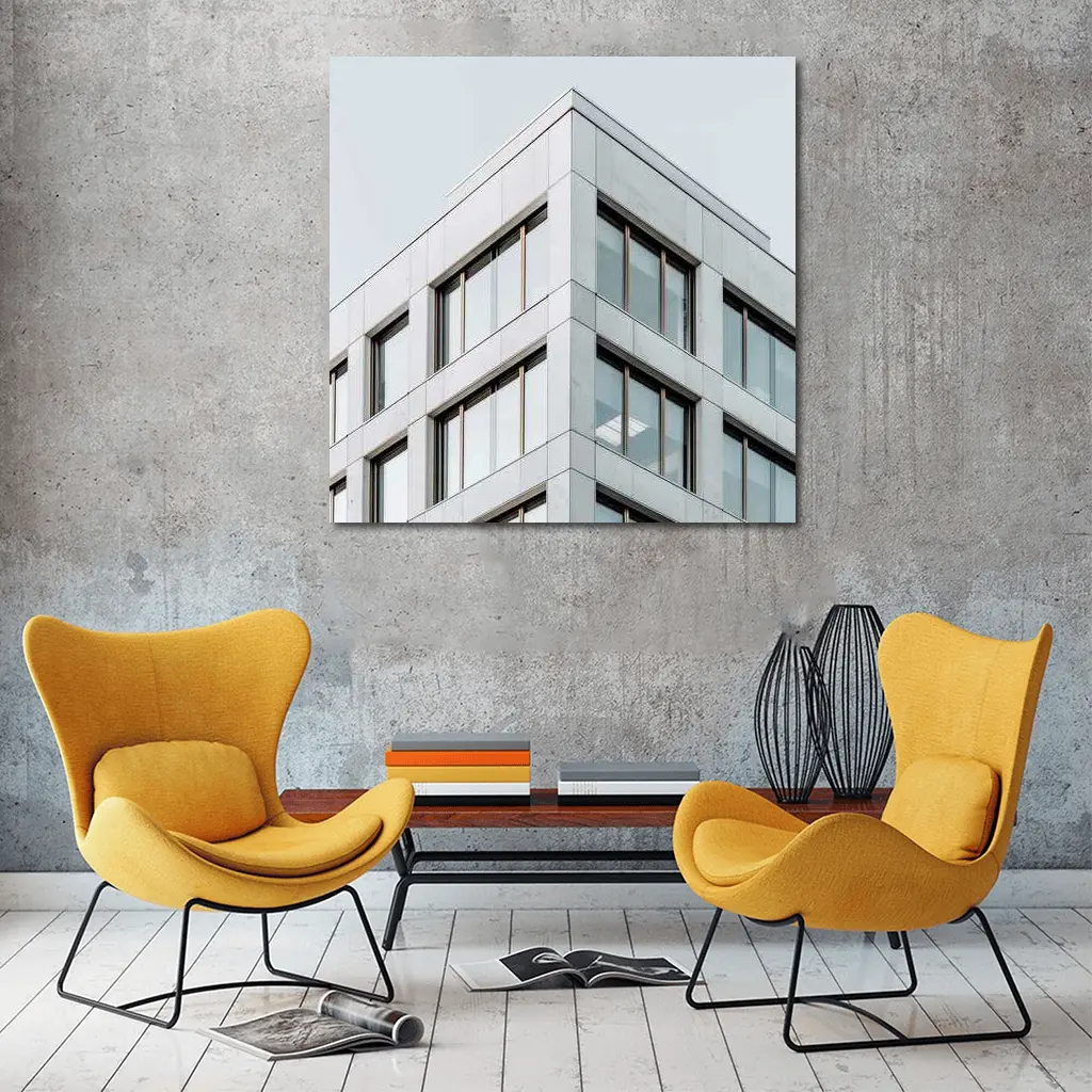 Modern Office Building Corner Gray Sky – Wall Art