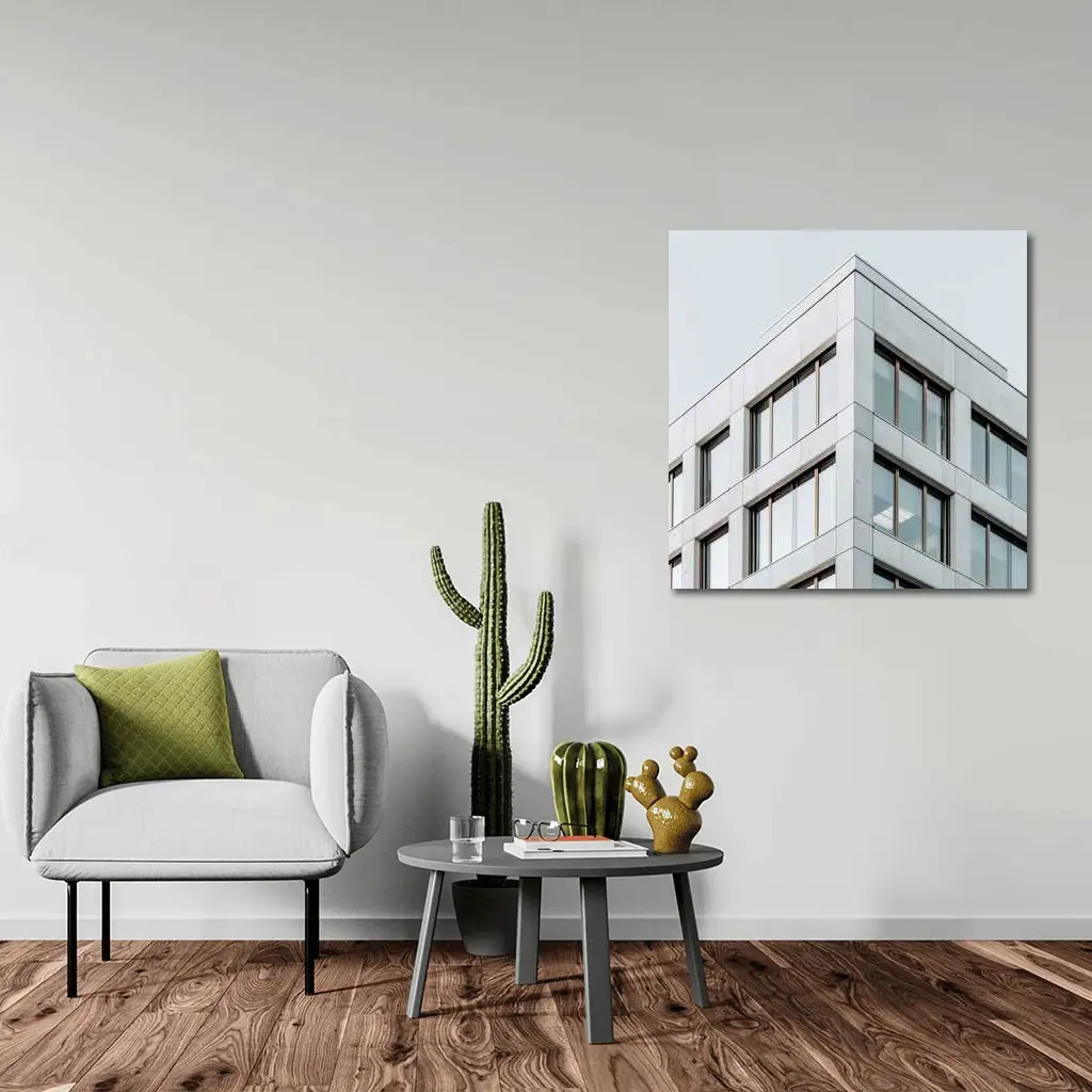 Modern Office Building Corner Gray Sky – Wall Art